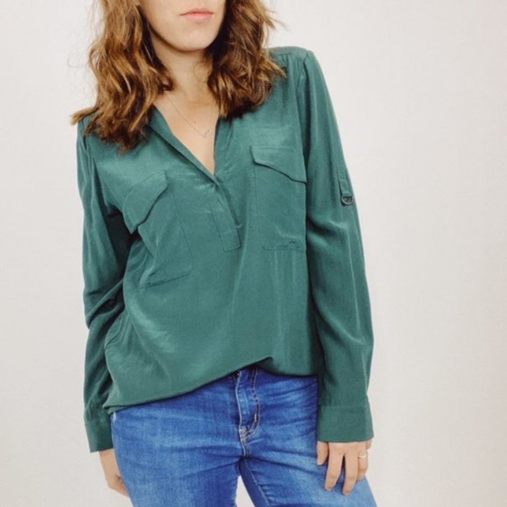 EILEEN FISHER Teal Cargo Pocket Silk Tabbed Sleeve Pullover Top Petite L